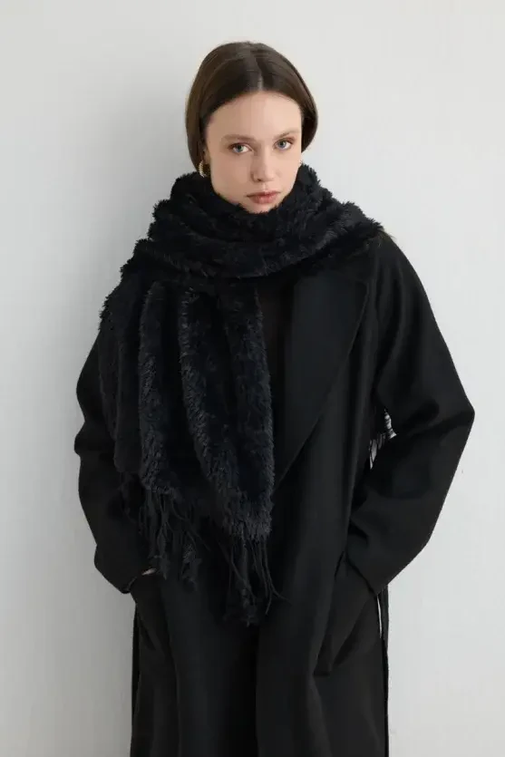 Fringed Plush Shawl - Black - 3