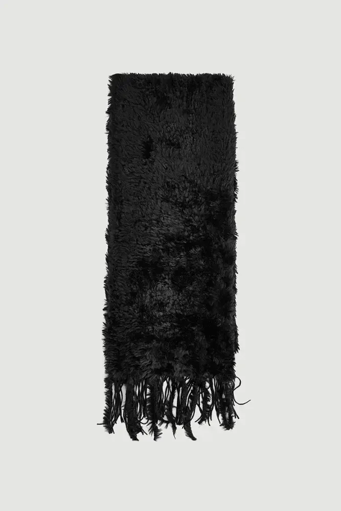 Fringed Plush Shawl - Black Black