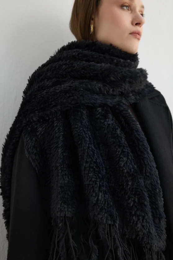 Fringed Plush Shawl Black - 6