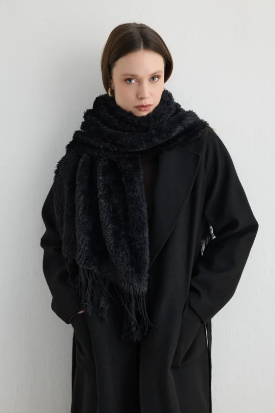 Fringed Plush Shawl Black - 3
