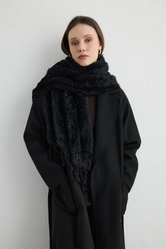 Fringed Plush Shawl Black - 5