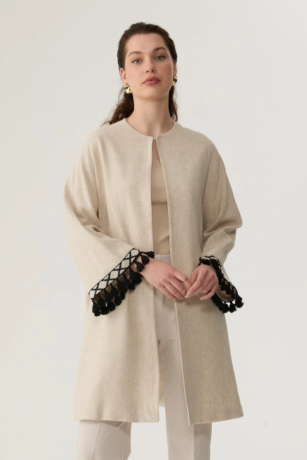 Fringed Sleeve Linen Caftan - Beige Beige