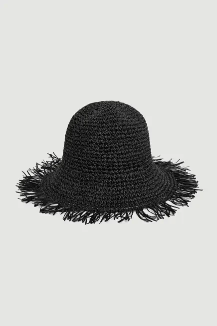 Fringed Straw Hat - Black Black