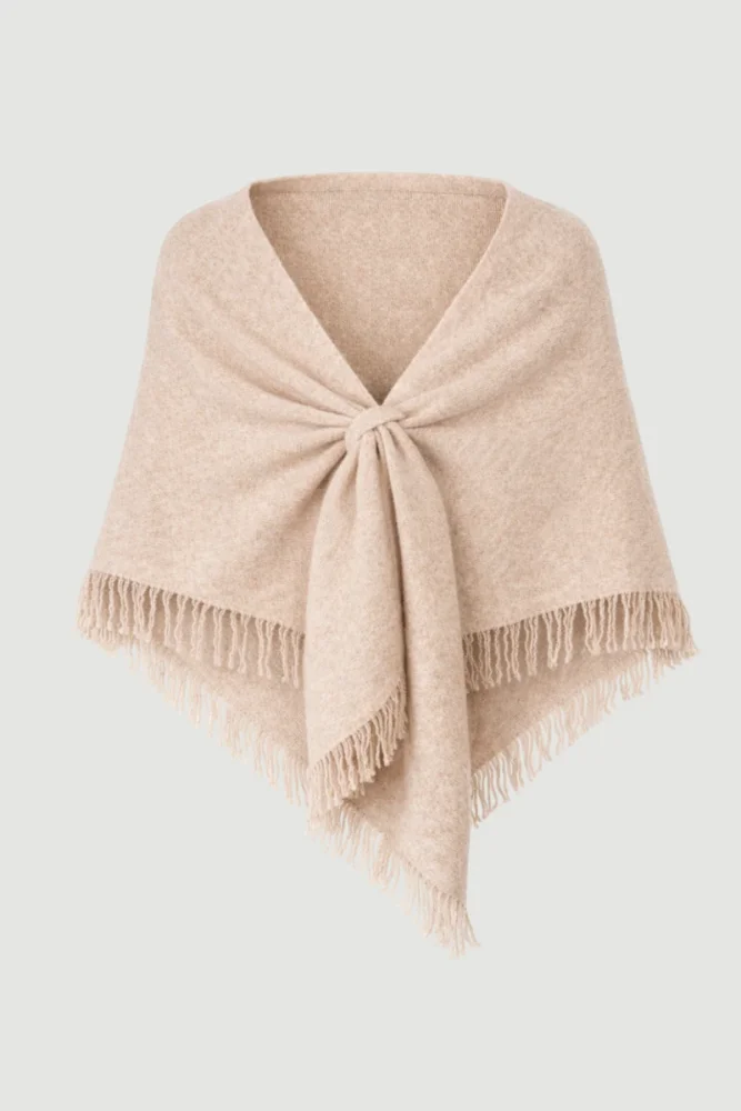 Fringed Tie-Up Triangle Wool Shawl – Beige