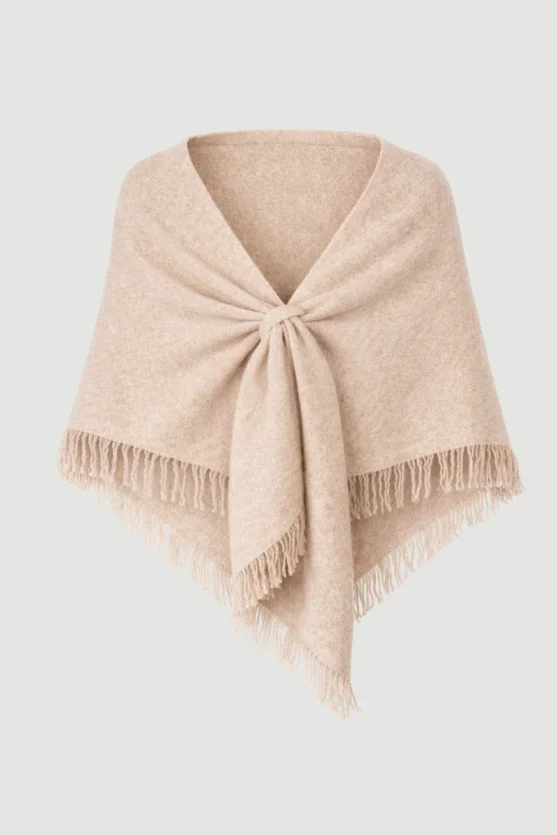 Fringed Tie-Up Triangle Wool Shawl – Beige - 1