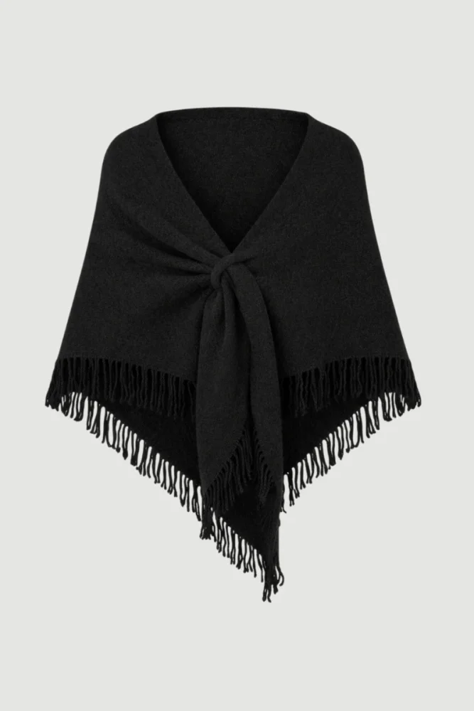 Fringed Tie-Up Triangle Wool Shawl – Black Black
