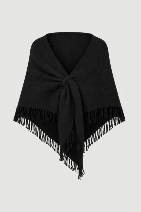 Fringed Tie-Up Triangle Wool Shawl – Black - Gusto