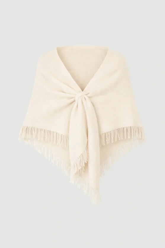 Fringed Tie-Up Triangle Wool Shawl – Ecru - 1