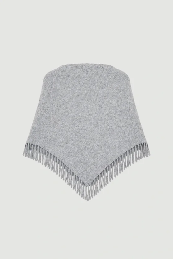 Fringed Tie-Up Triangle Wool Shawl – Grey - 2