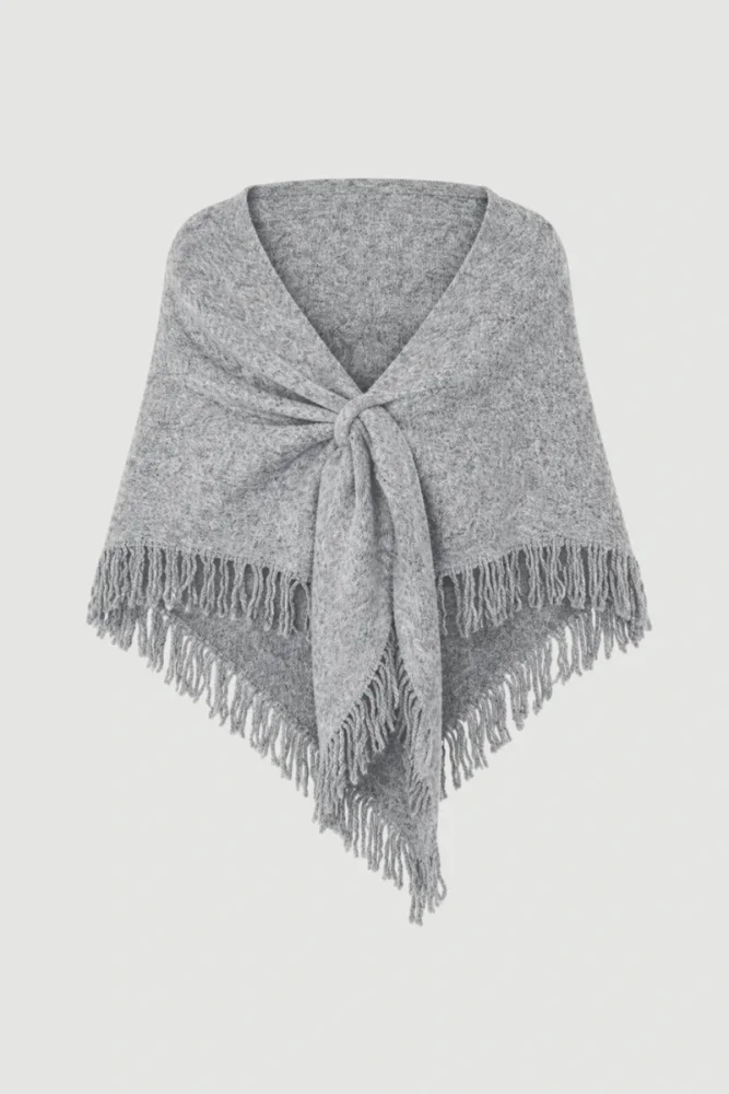 Fringed Tie-Up Triangle Wool Shawl – Grey