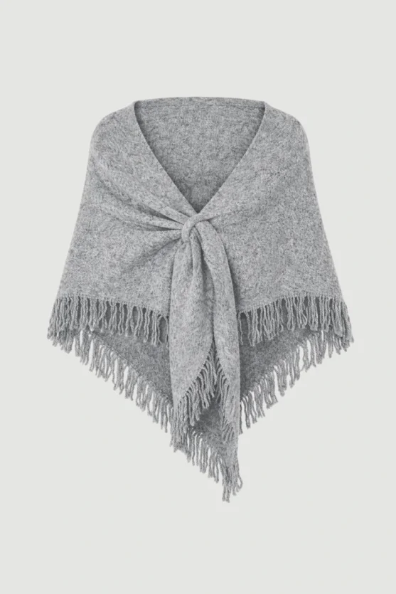 Fringed Tie-Up Triangle Wool Shawl – Grey - Gusto