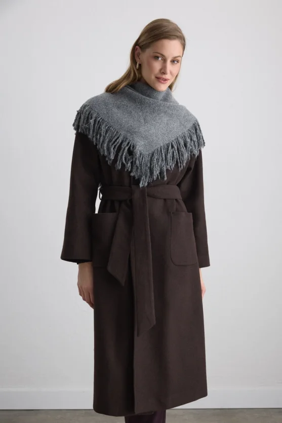 Fringed Triangular Wool Shawl - Gray - Gusto