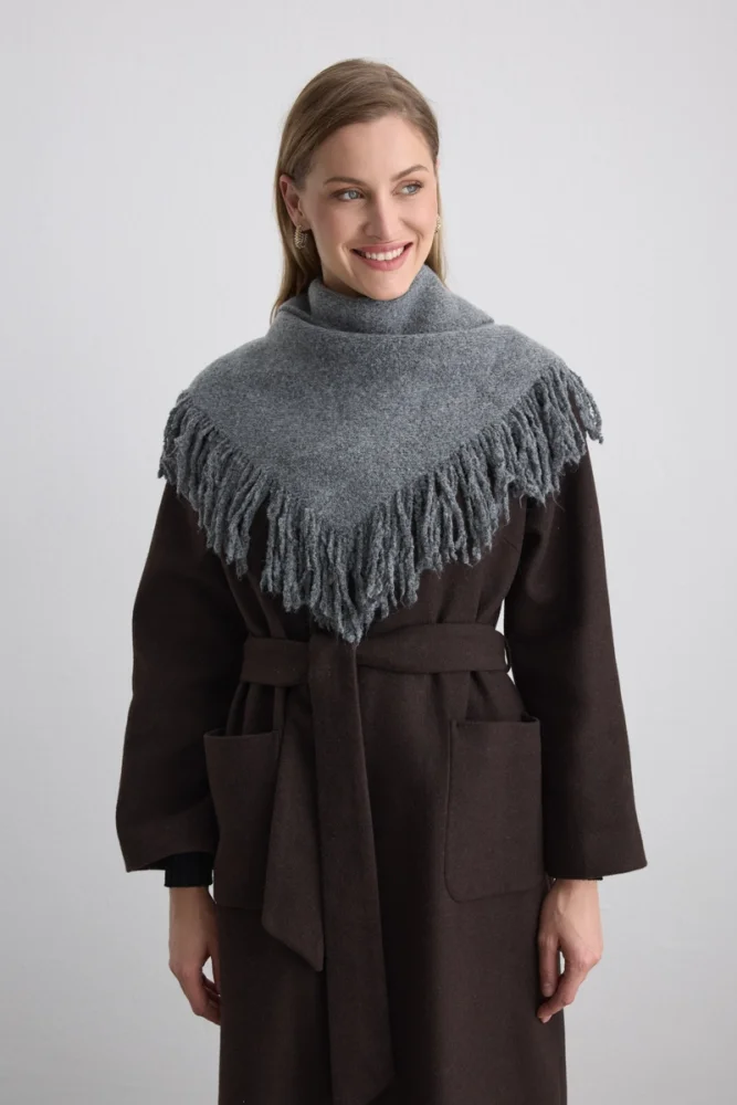 Fringed Triangular Wool Shawl - Gray Gray