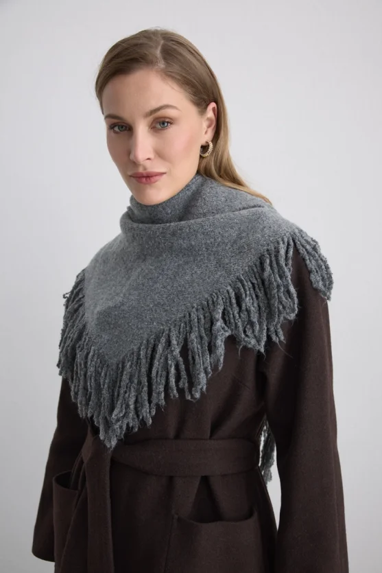 Fringed Triangular Wool Shawl Gray - Gusto