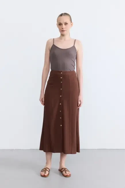 Front Button Long Linen Skirt - Brown
