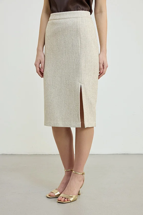Front Slit Cotton Tweed Skirt - Ecru - 2