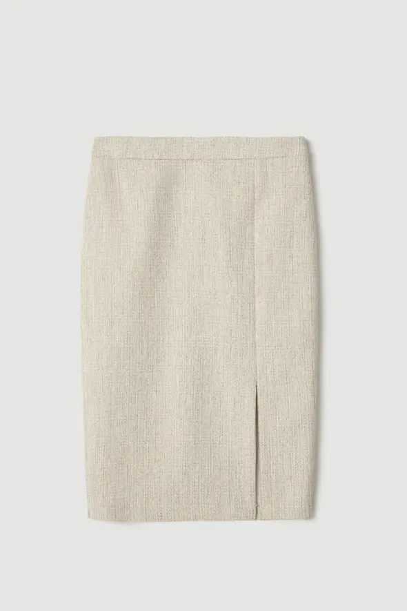 Front Slit Cotton Tweed Skirt - Ecru - 6