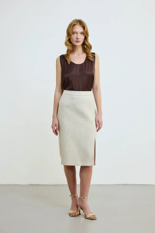 Front Slit Cotton Tweed Skirt - Ecru - 4