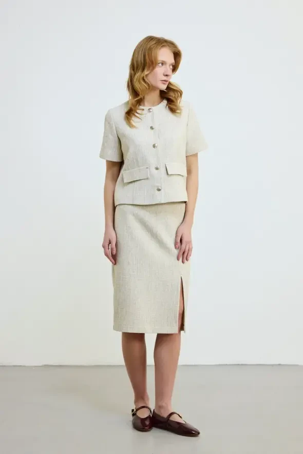 Front Slit Cotton Tweed Skirt - Ecru - 2