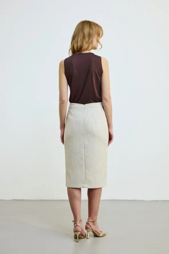 Front Slit Cotton Tweed Skirt - Ecru - 5