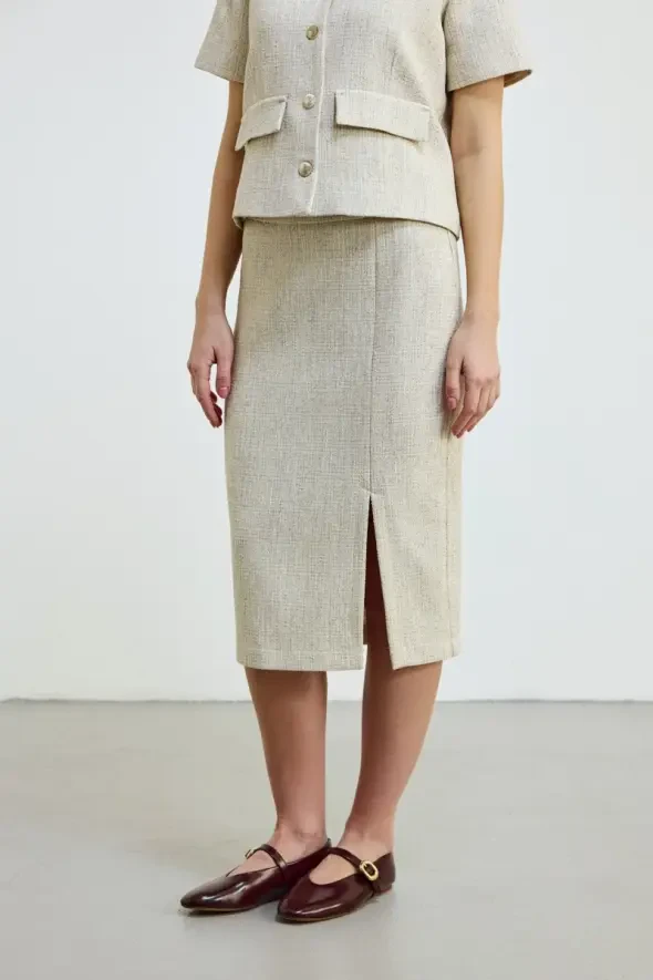 Front Slit Cotton Tweed Skirt - Ecru - 1
