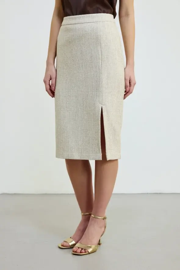 Front Slit Cotton Tweed Skirt - Ecru - 3