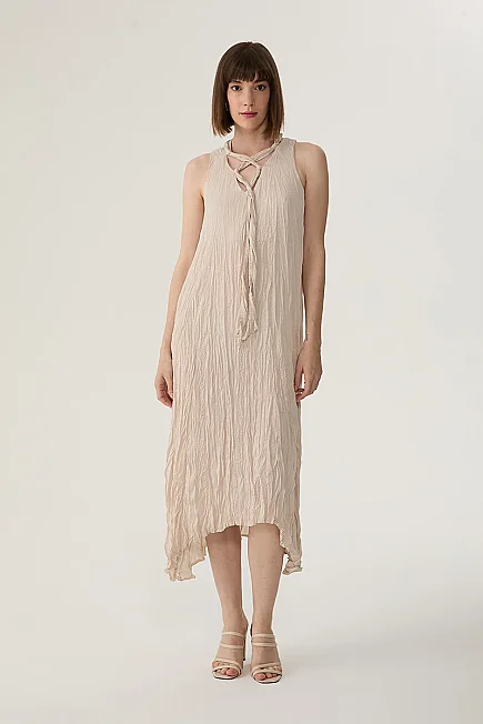 Front Tie Crinkle Maxi Dress - Stone - 1