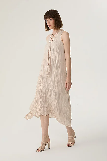 Front Tie Crinkle Maxi Dress - Stone - 3