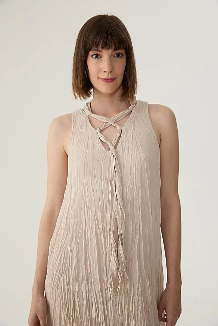 Front Tie Crinkle Maxi Dress - Stone - Gusto