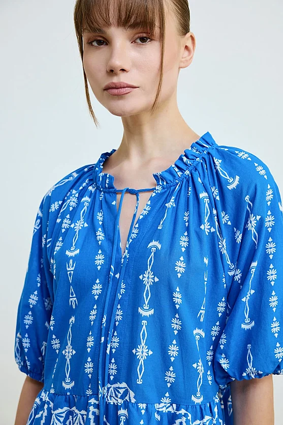 Front Tie Patterned Cotton Dress - Blue - 5