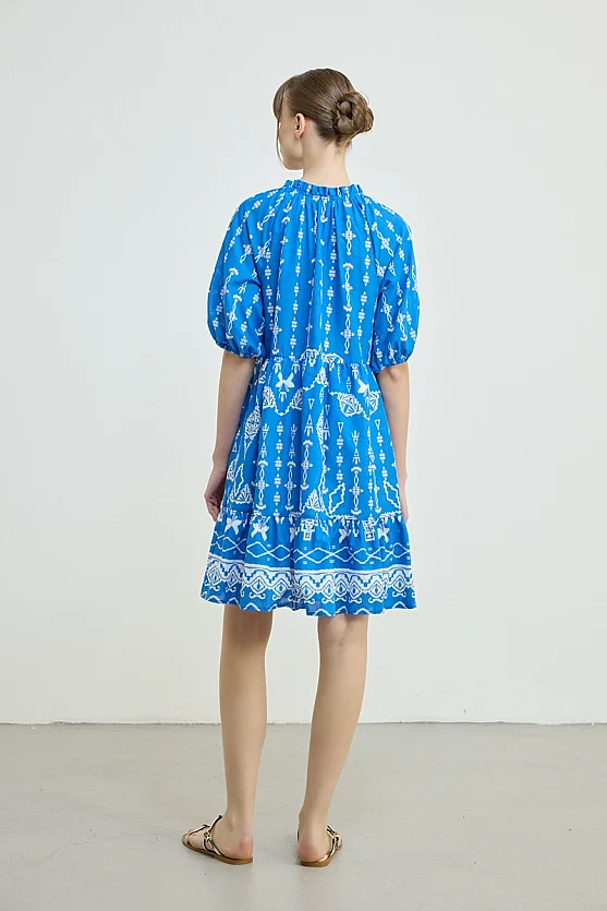 Front Tie Patterned Cotton Dress - Blue - 7