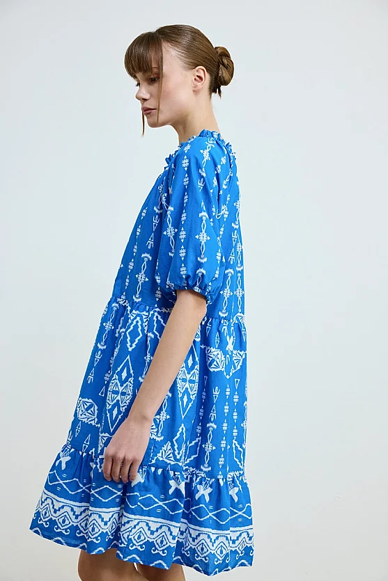 Front Tie Patterned Cotton Dress - Blue - 2