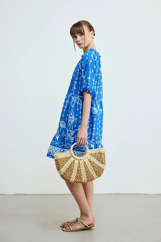 Front Tie Patterned Cotton Dress - Blue - 4