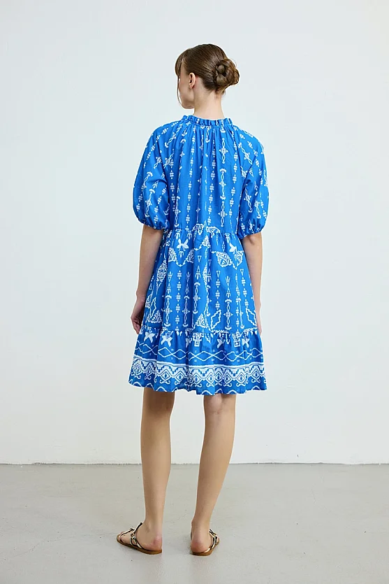 Front Tie Patterned Cotton Dress - Blue - 6