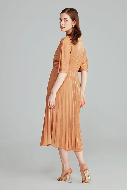 Front Tie Pleated Evening Dress - Gold - 5