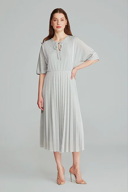 Front Tie Pleated Evening Dress - Silver Silver