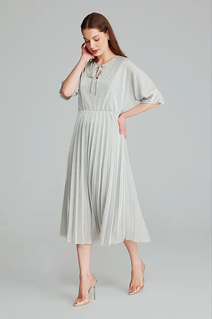 Front Tie Pleated Evening Dress - Silver - 2
