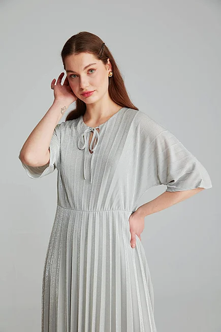 Front Tie Pleated Evening Dress - Silver - 3