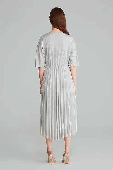 Front Tie Pleated Evening Dress - Silver - 4