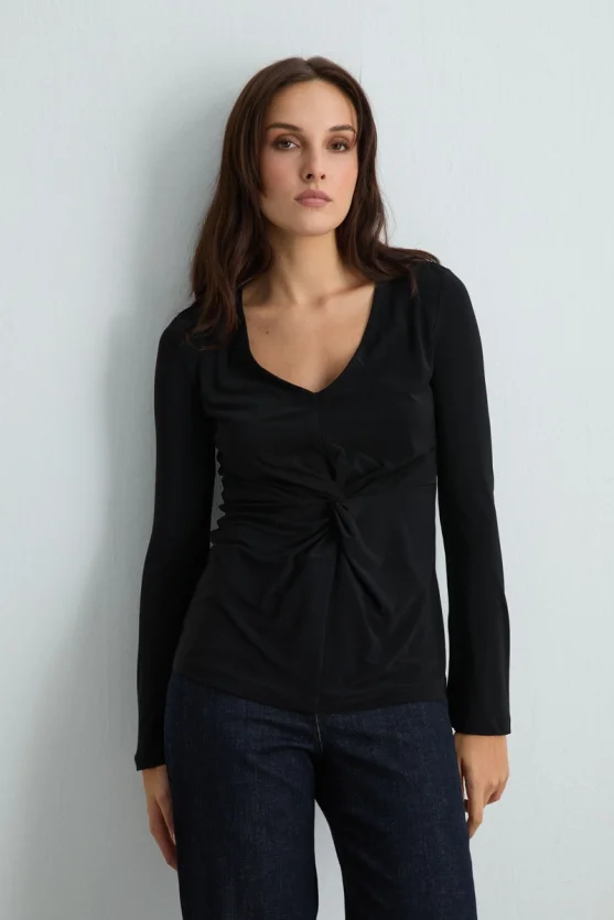 Front-Tied Jersey Blouse - Black - 2