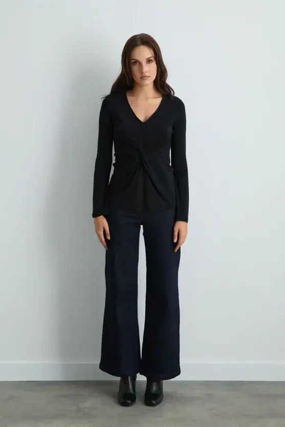 Front-Tied Jersey Blouse - Black - 3