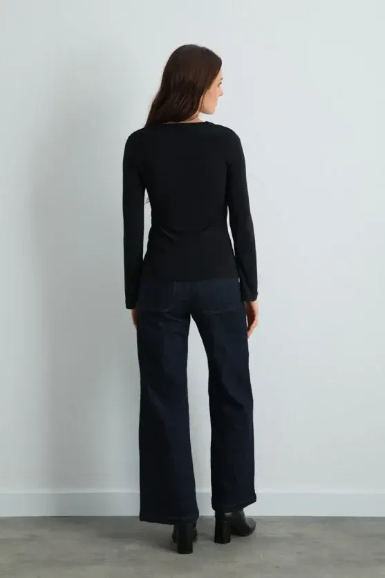 Front-Tied Jersey Blouse - Black - 4