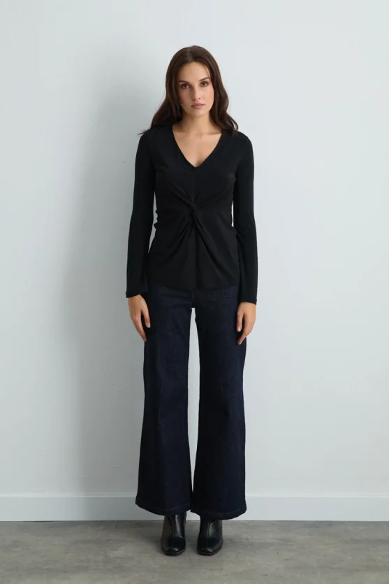 Front Tied Jersey Blouse Black - Gusto