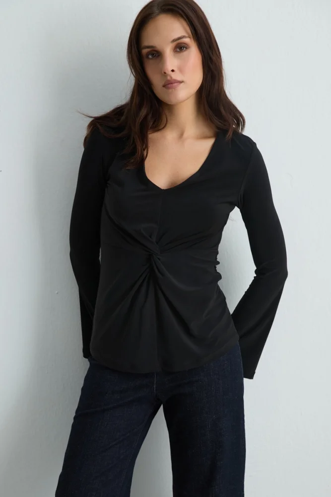 Front Tied Jersey Blouse Black Black
