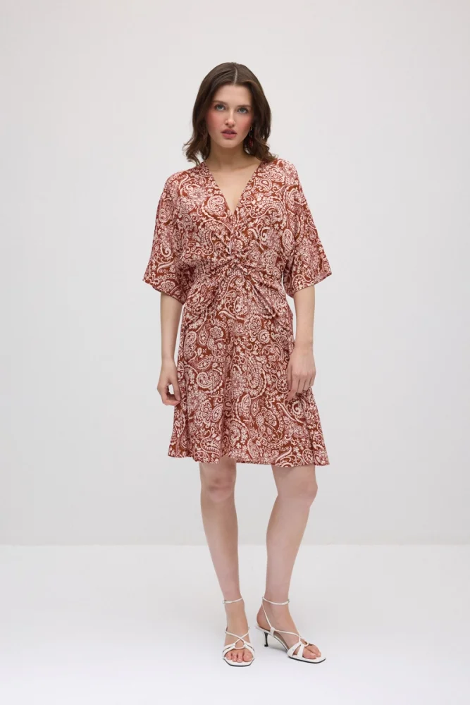 Front-Tied Viscose Dress - Terracotta Brick-red