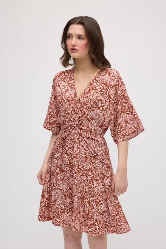 Front-Tied Viscose Dress - Terracotta - 2