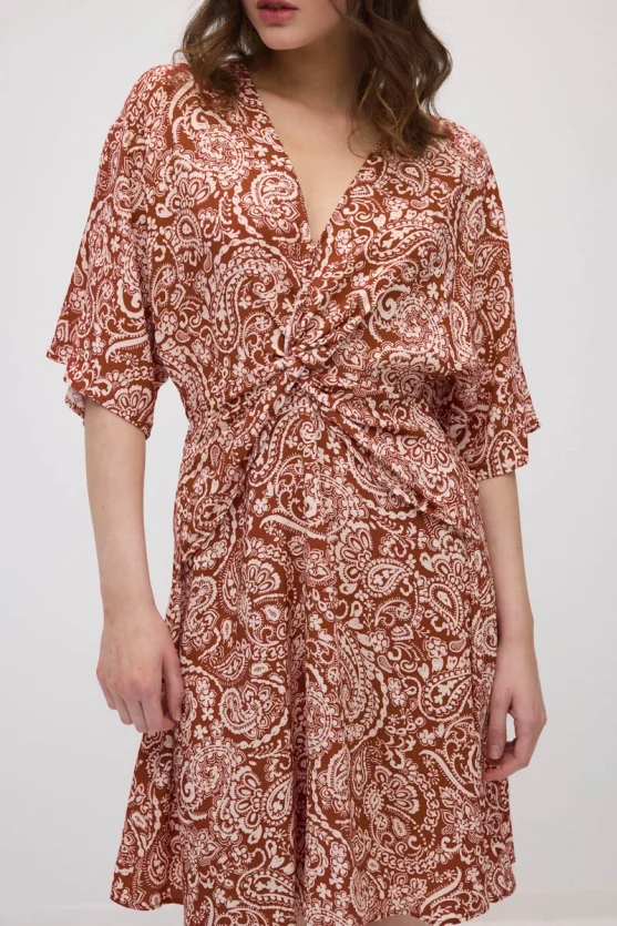 Front-Tied Viscose Dress - Terracotta - 4