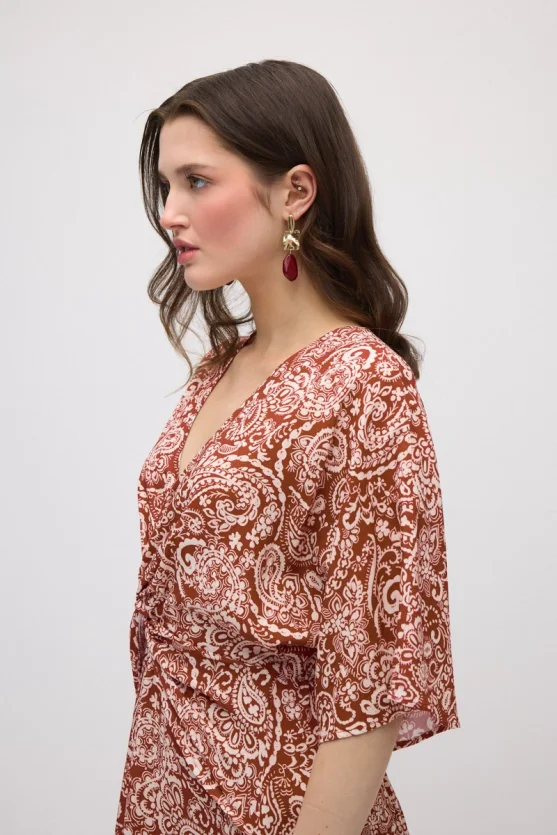 Front-Tied Viscose Dress - Terracotta - 5