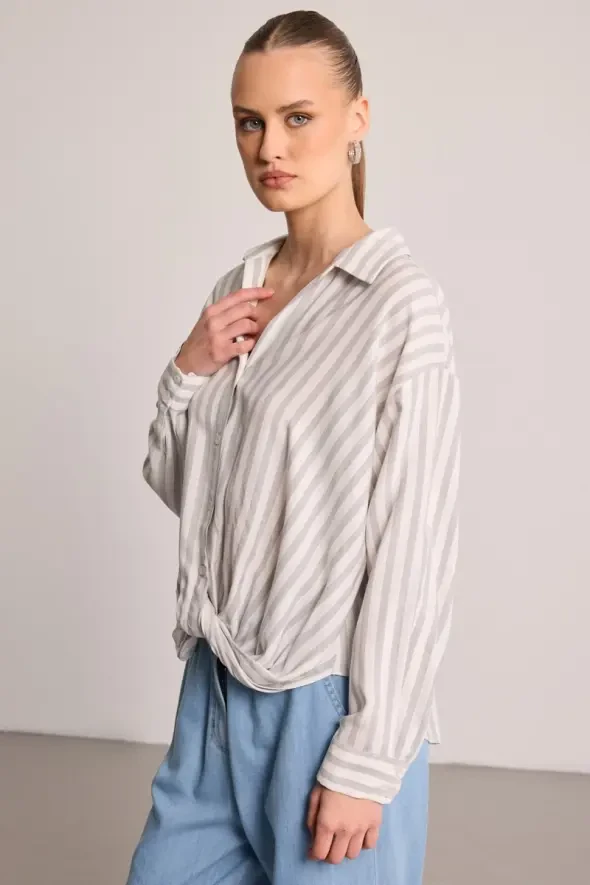Front-Twisted Striped Shirt - Grey - 1