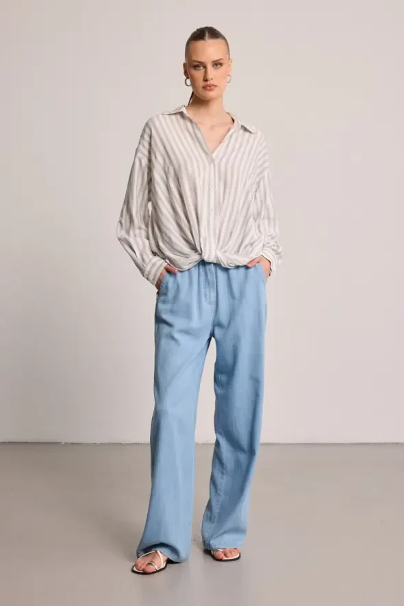 Front-Twisted Striped Shirt - Grey - 2